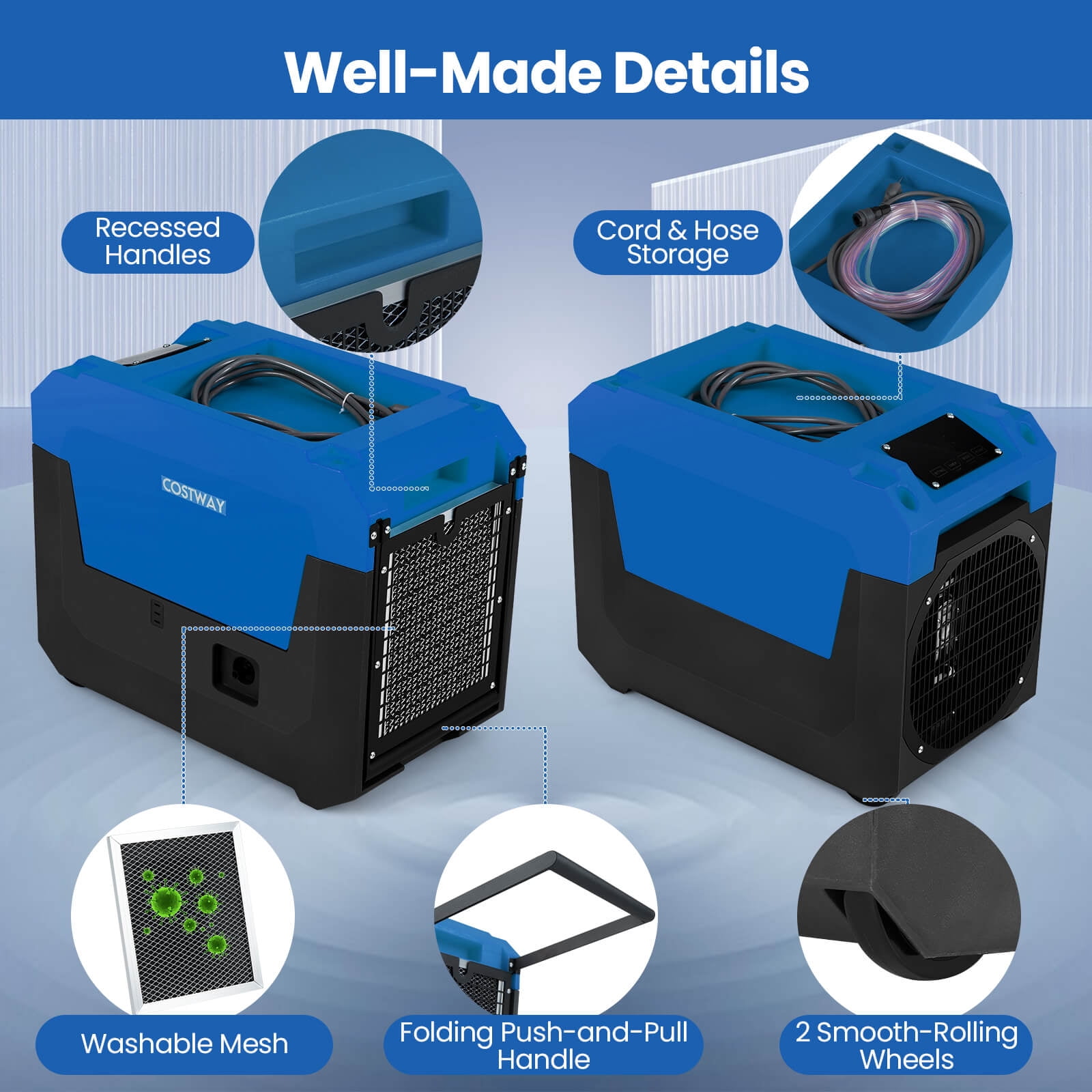 Costway 50-Pint(DOE) Commercial Dehumidifier with Pump, Drain Hose for Basements, Job Sites 4500 Sq. ft Coverage Area Blue