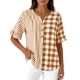 thumbnail image 6 of Womens Cotton Linen Tops Summer Elbow Length Sleeve Tshirts for Women Striped Plaid Printed Ruffled Button V Neck Top, 6 of 6