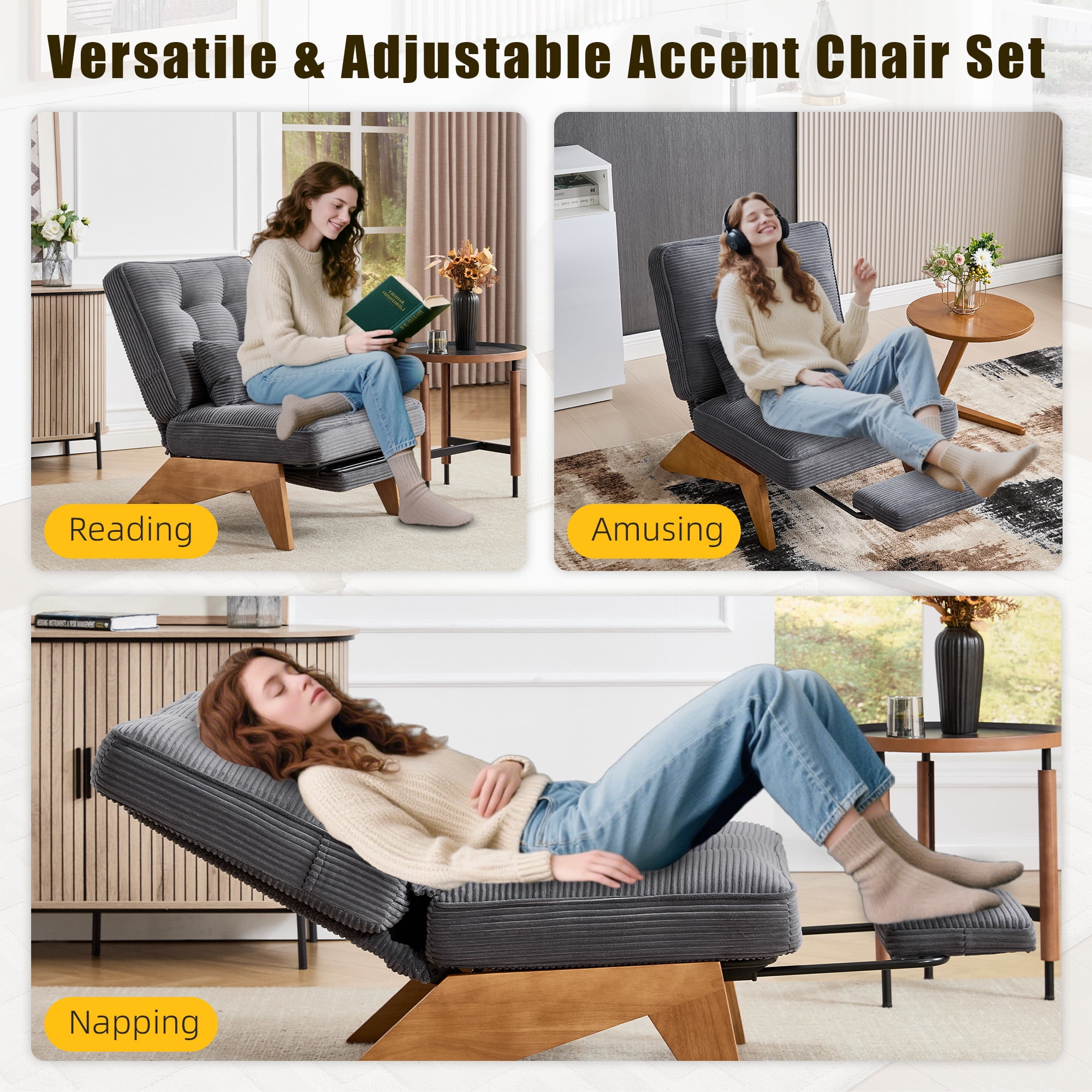 MOONMISS Modern Adjustable Lounge Chair with Footrest,Wooden Base Upholstered Recliner for Reading Rest Striped Velvet
