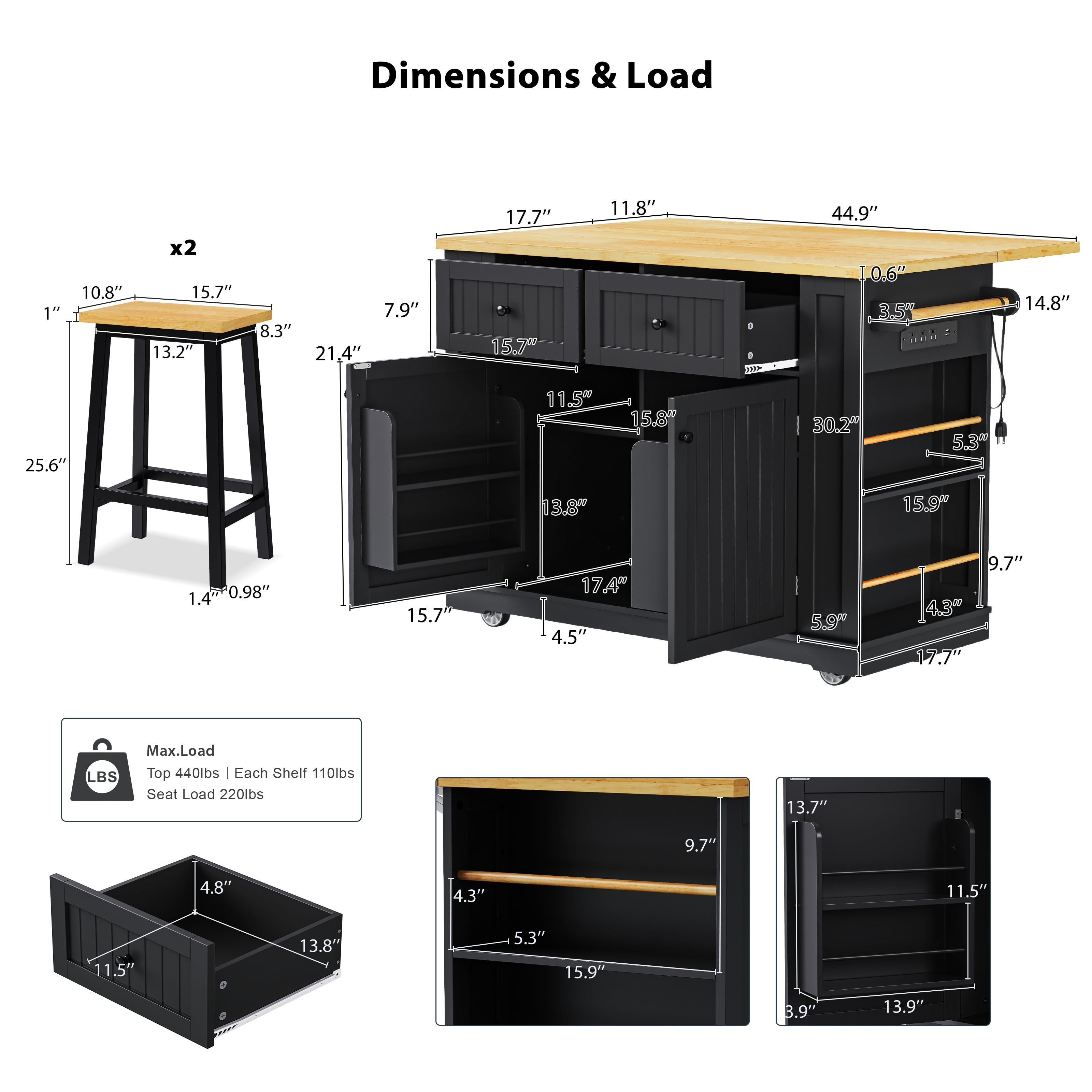 Harper & Bright Designs Kitchen Island with 2 Bar Stools, Kitchen Storage Cart on Wheels with Drop Leaf, Rolling Kitchen Island with Drawers and Power Outlet, Black
