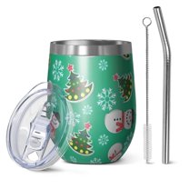 12oz Stemless Wine Tumblers Green Christmas Snowman Pattern Vacuum Insulated Stainless Steel Travel Tumbler Cups Mug with Lid and Straw for Champaign,Cocktail,Beer with Cleaning Brush