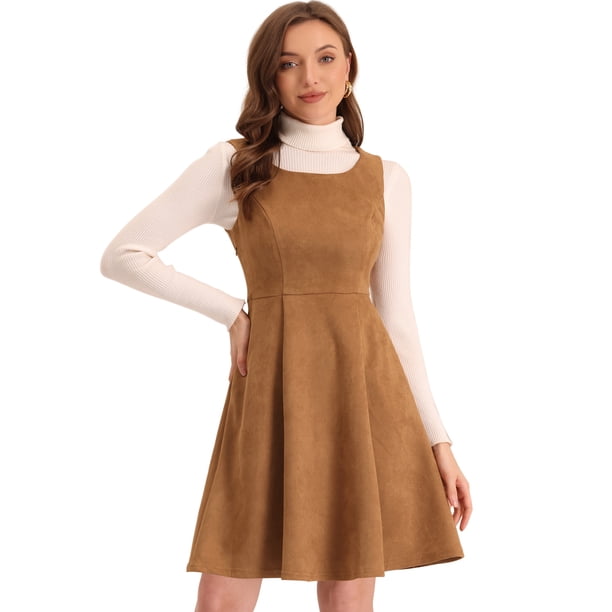 Vestido de Gamuza Sintética Allegra K sin Mangas Cuello Redondo Línea A marrón L