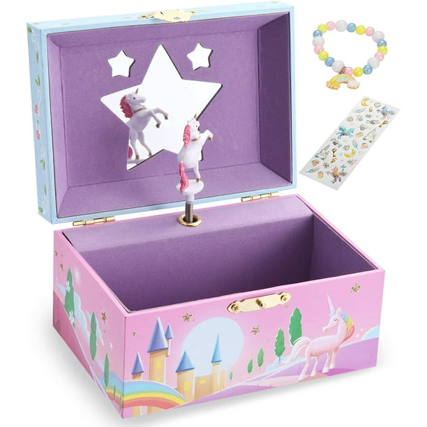 JOYIN Unicorn Girls Musical Jewelry Box With Star Shaped Mirror,Bracelet & Stickers