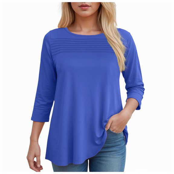 Women Blouses Dressy Casual Fall Winter 3/4 Sleeve Shirts Crew Neck Pleated Tunic Tops