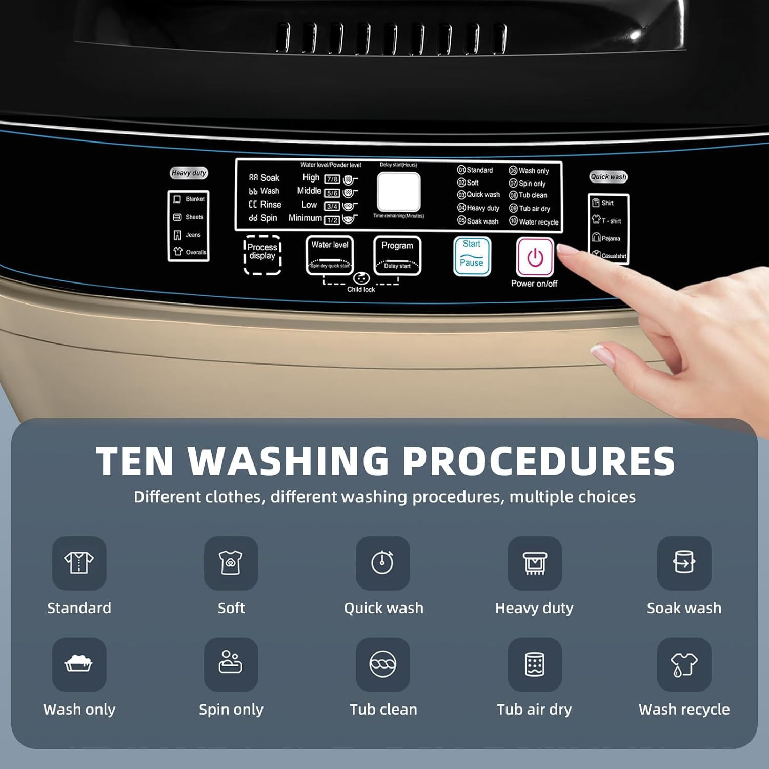 Kcpolre Portable Washing Machine, 17.8 lbs Full-Automatic Small Washing Machine for Apartment, 10 Wash Programs with Drain Hose Dorm Size Portable Washer for Home, College, Gold