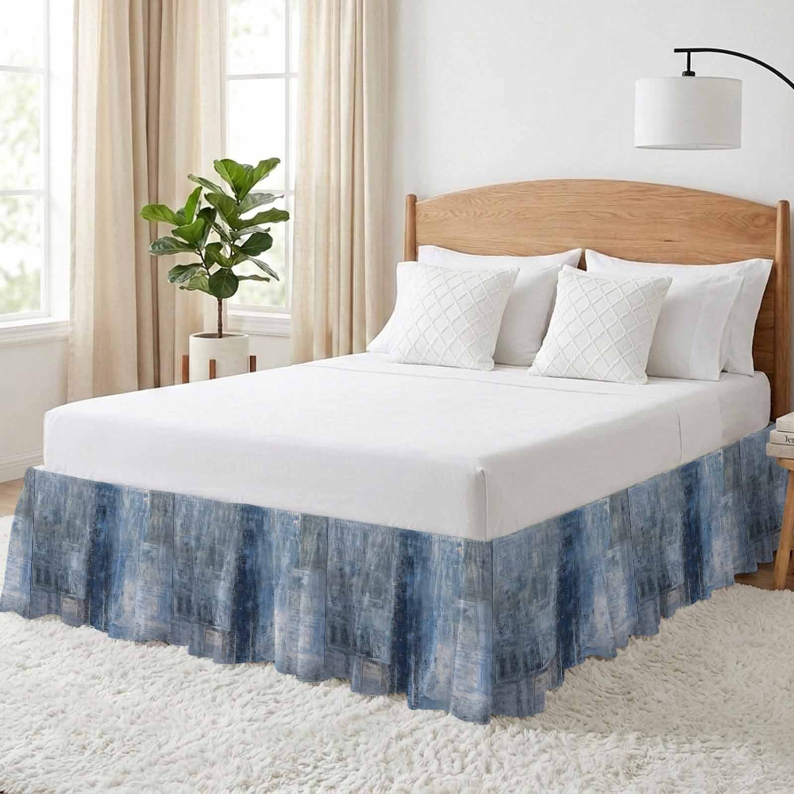 Blue Bed Skirt King Size 16 Inch Drop, Adjustable & Elastic Wrap Around Bed Skirts Pleated Dust Ruffles For Twin Full Queen Cal King Base Beds, Retro Oil Painting Modern Abstract Art Aesthetics