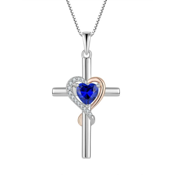 PYNZY Cross Necklace for Women, 925 Sterling Silver Heart Pendant Necklace 6×6MM Created Sapphire Birthstone Jewelry Gifts for Women