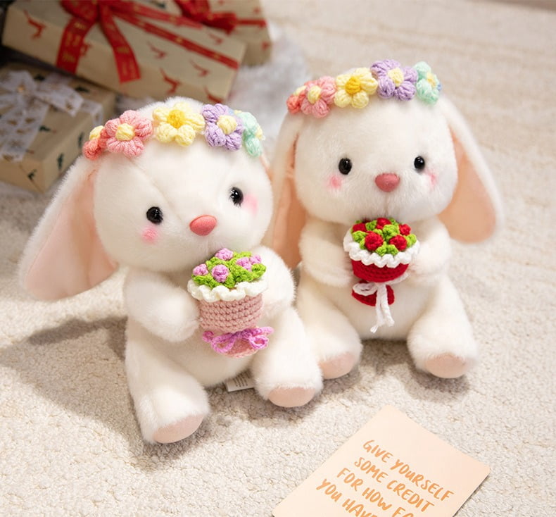 2pcs 9.84 in Bunny Stuffed Animal Plush Toy, Soft Bunny with Flower Crown & Bouquet, Easter Basket Stuffers for Kids, Easter Decorations for Home