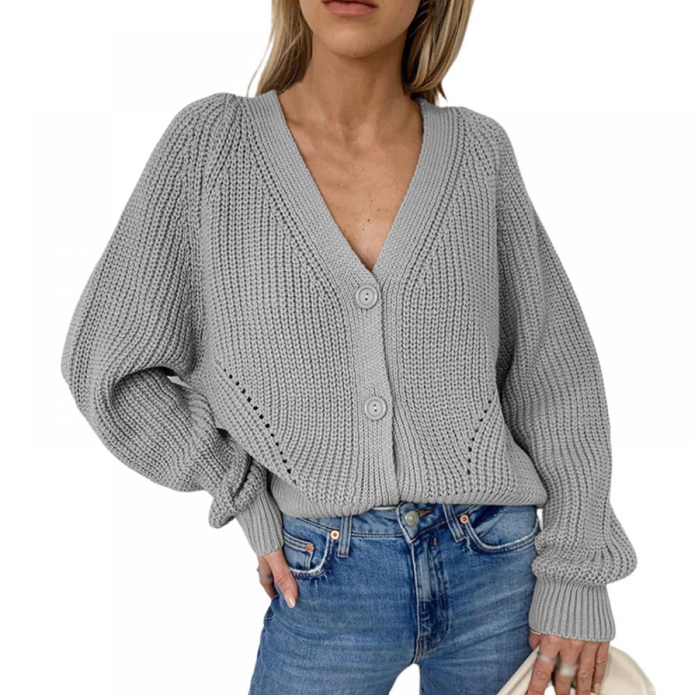 Women's V Neckline Button Down Knitwear Lantern Sleeve Basic Knit Cardigan  Sweater Tops - Walmart.com