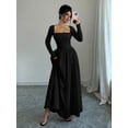 thumbnail image 7 of Black Womens Square Neck Long Sleeve Cinched Waist A-Line Maxi Dress, 7 of 7