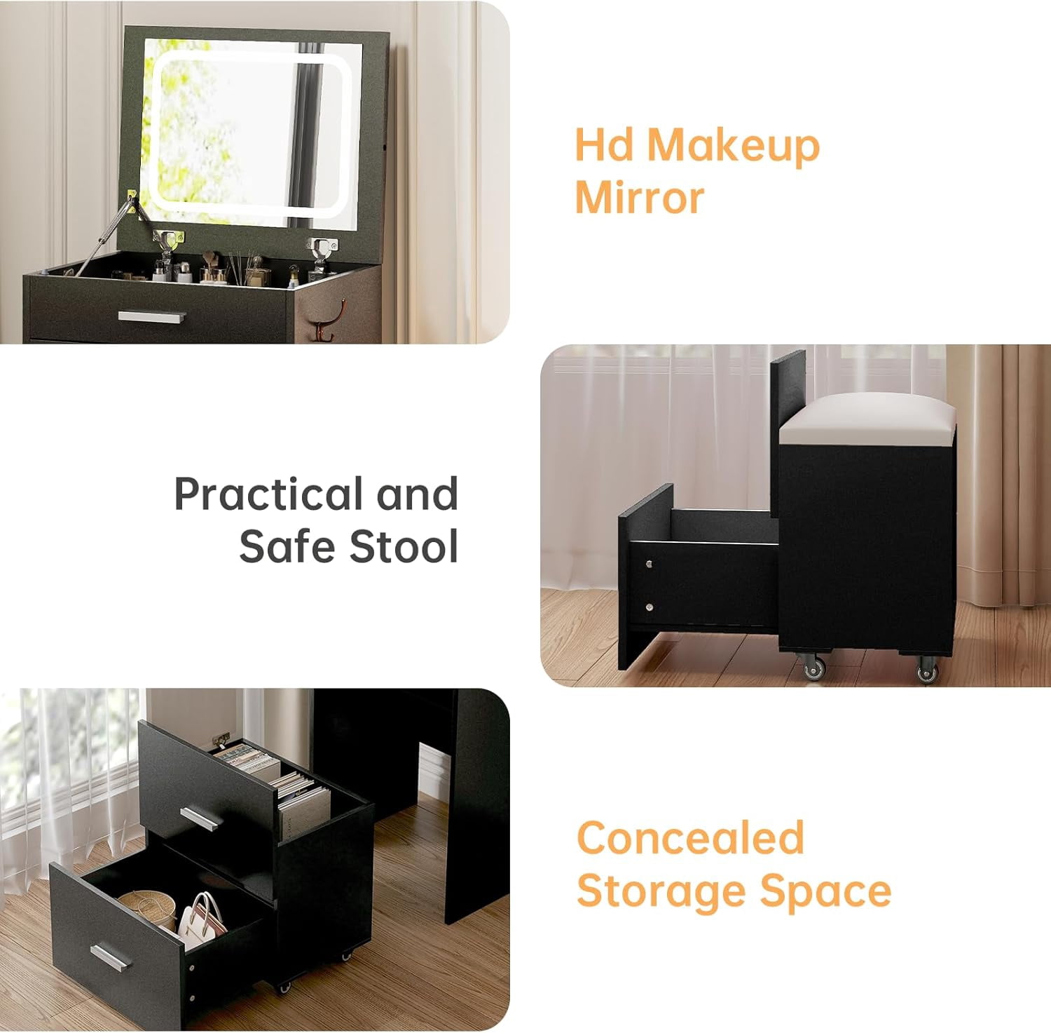 SELOOYE 3 in 1 Vanity Desk, Compact Vanity with 3 Drawers, Makeup Desk with Flip-up 3 Colors Lighting Mirror and Cushioned Stool, Small Vanities Nightstand Perfect for Bedroom, Black