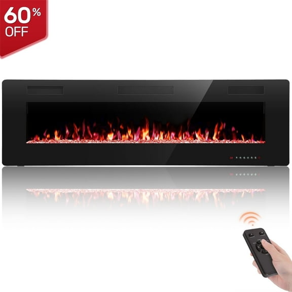 KISSAIR 60 inch Embedded Wall Mounted Indoor Fireplace, Ultra-thin Low Noise Lightweight LED Fireplace Heater, Touch Screen, Timer, 1500W, Adjustable Flame Color and Speed, Black