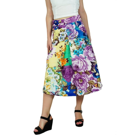 Bimba Womens Floral Printed Midi Skirt Box Pleat Skirt With Pockets
