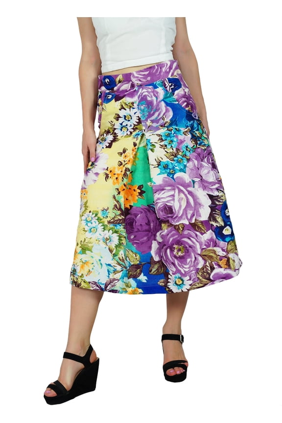 Womens Floral Printed Midi Skirt Box Pleat Skirt With Pockets