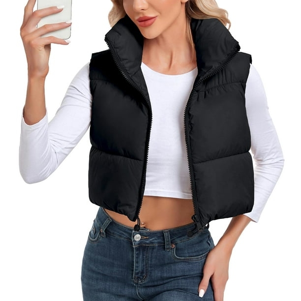 Chaleco Abrigo acolchado de plumón Chaleco corto acolchado Ropa de abrigo informal y cálida para mujer Kuymtek Negro T M para Mujer