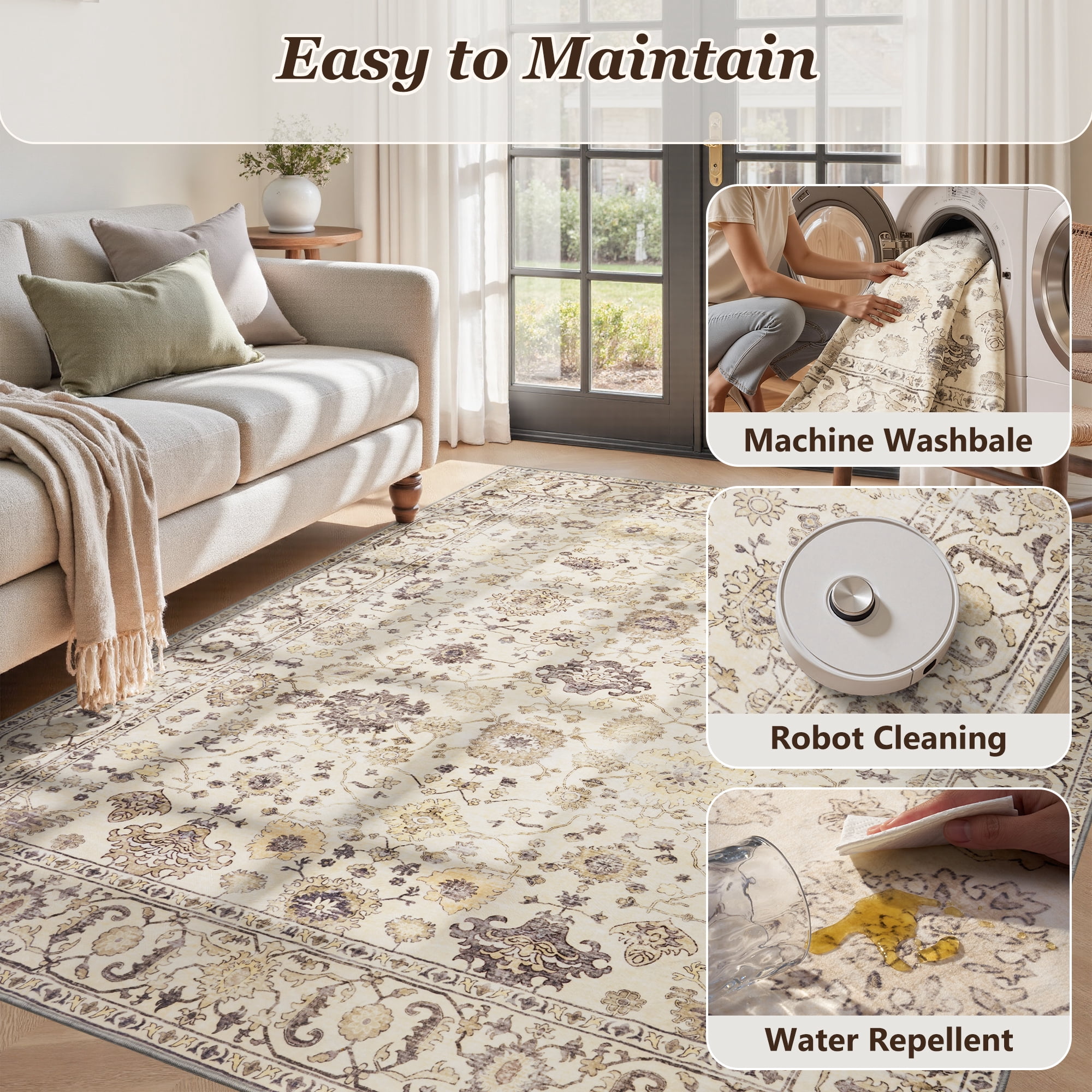 SIXHOME 8'x10' Area Rugs for Living Room Rugs for Bedroom Vintage Soft Floral Area Rug Washable Botanical Printed Carpet Non Slip Oriental Rug for Dining Room and Farmhouse Home Decor Beige