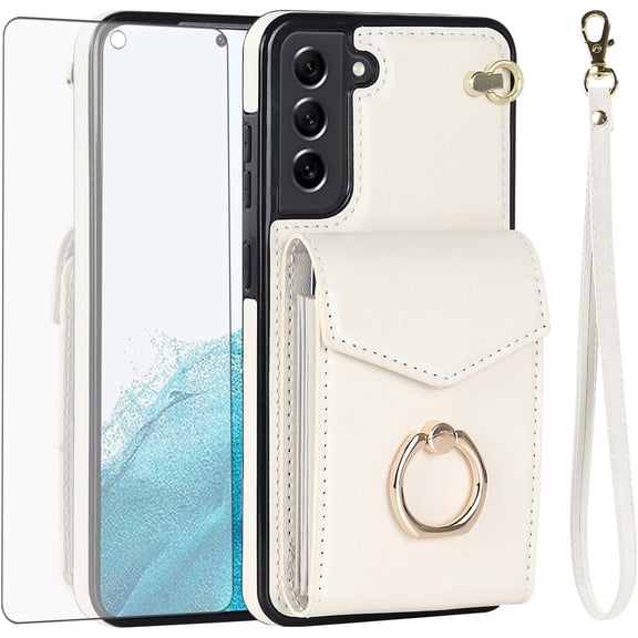 MYKOMI Phone Case for Samsung Galaxy S21 FE 5G Wallet Cover with HD Screen Protector and RFID Blocking Ring Stand Card Holder Cell S 21 EF S21FE5G UW S21FE 21S G5 6.4 inch Women Men