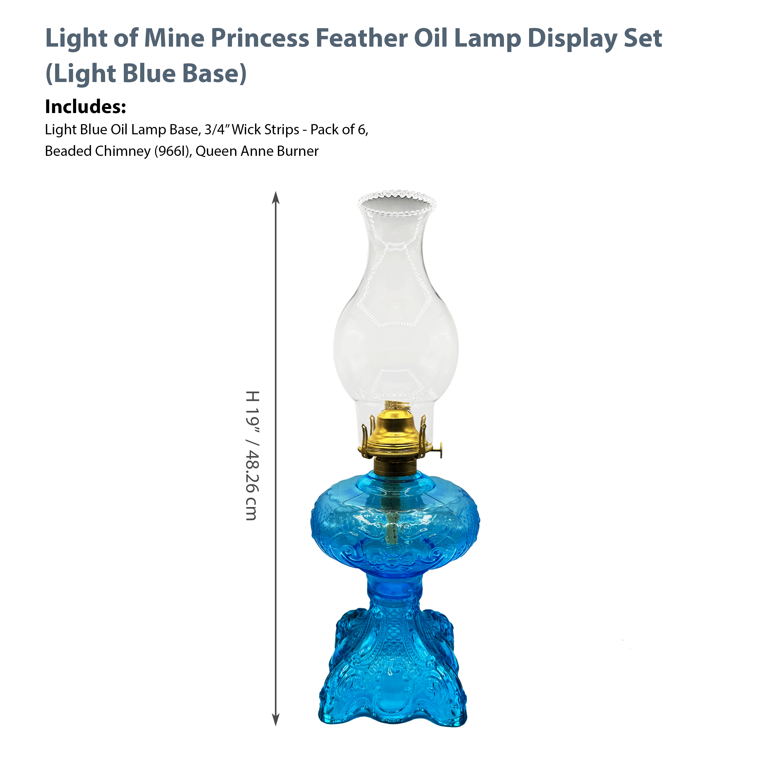 Light Of Mine Princess Feather Oil Lamp Ornate Decorative Antique Pedestal Style Glass Oil Hurricane Lamp Clear with 3/4" Wick roll Light Blue