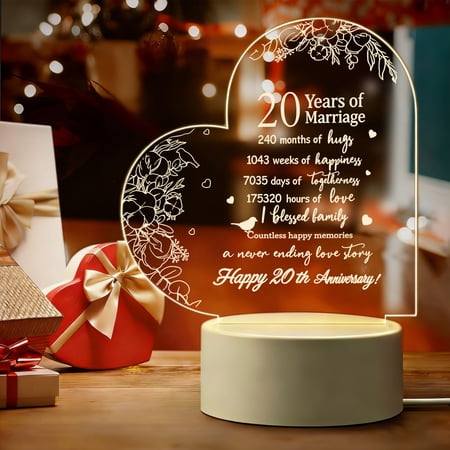 Wedding Gift for Her Marriage Anniversary Present Night Light Clear Crystal Acrylic Heart Keepsake for Wife Husband Girlfriend Boyfriend (20th Style) LED Light