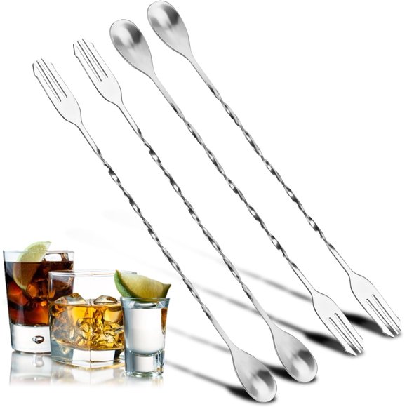 4 Pcs Cuillères à Mélanger pour Cocktail, Cuillère à Bar avec Manche Long, Cuillères à Mélanger, Manche en Spirale, Boueuses avec Embout Trident pour Boissons, Thé, Café, Jus, Crème Glacée, Accessoires de Liqueur