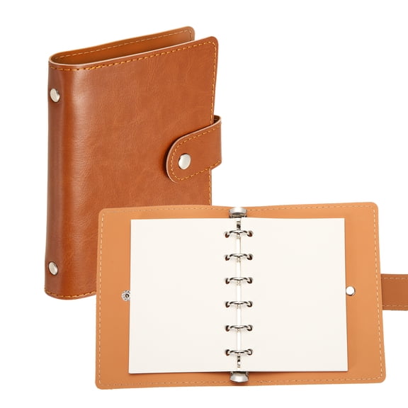 Uxcell 6 Ring Leather Binder Cover, A7 Pocket Travel Notebook Binder with Divider, Brown, Mini Refillable Loose Leaf Personal Planner with 60 Sheets Blank Paper for Meeting & Notes
