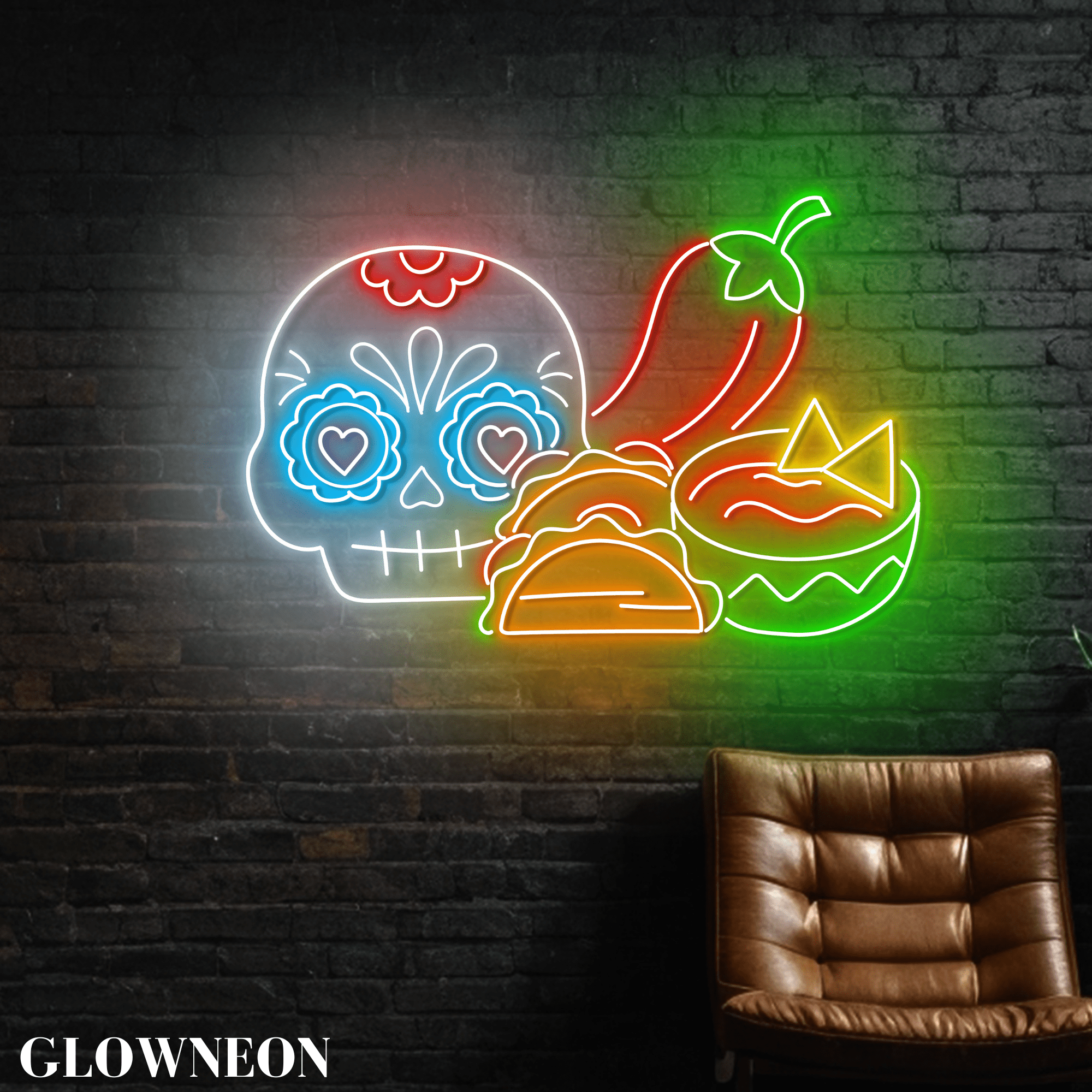 Glowneon Skull Mexican Food Neon Sign, Mexican Taco Nacho Diner Decor