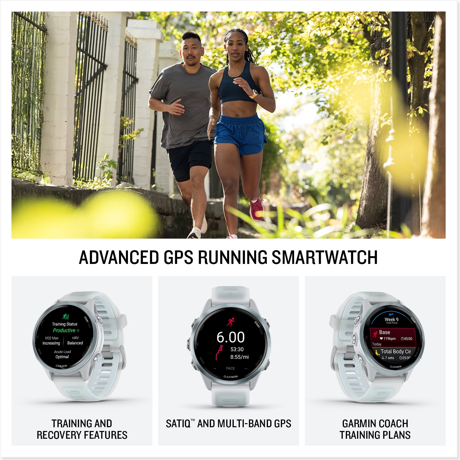 Garmin Forerunner 570 (42mm - White/Cloud Blue) Running GPS Smartwatch Bundle with PlayBetter Portable Charger & HD Screen Protectors