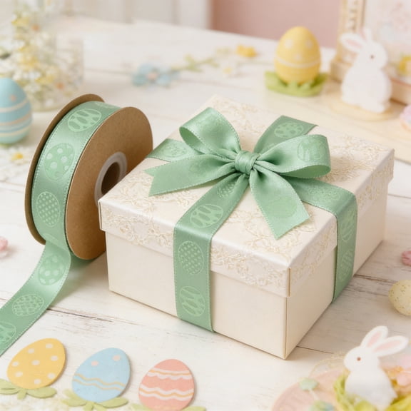 Yannianjz Cute Easter Bunny Ribbon Bow, Wrapping Ribbon Easter Eggs Ribbon Decoration, DIY Craft Ribbon, Wired Edge Ribbon, Gift Wrapping Bow, Wreath Making Ribbon, Spring Holiday Trim, Scrapbooking
