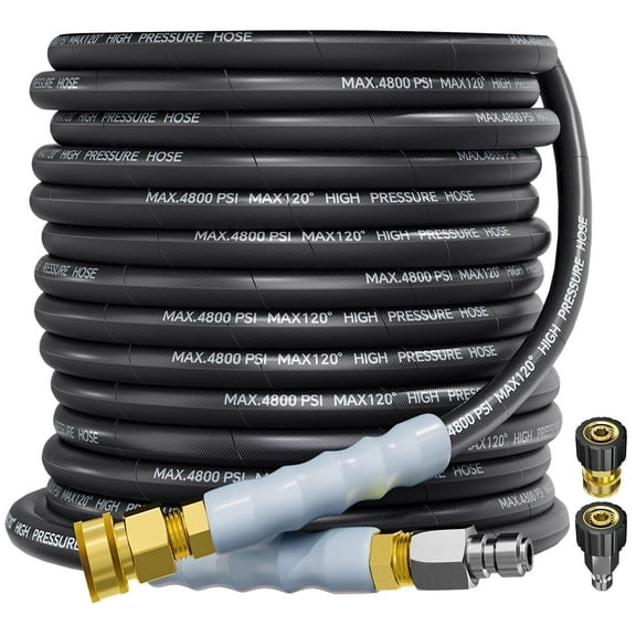 50FT 3/8" 4800PSI Pressure Washer Hose with Swivel Quick Connect for Cold/Hot Water Max 248°F, Kink Resistant Steel Wire Braided, Wear Resistant Black Power Washer Hose with M22 14mm Adapter