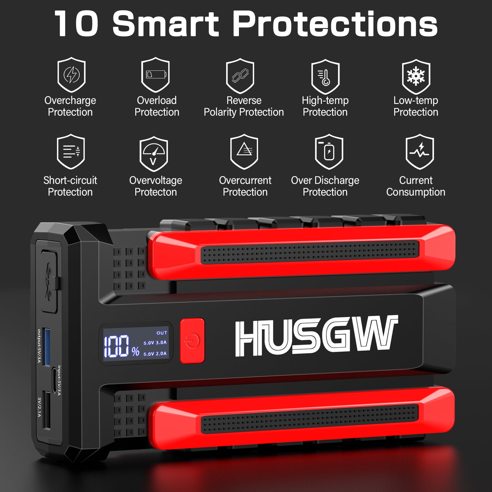 HUSGW 14000mAh 51.8Wh Car Jump Starter Powerful with USB Quick Charge and DC Output,2000A 3.7V  Portable Lithium Car Battery Starter Kit, Jump Start Power Pack and Booster Cable