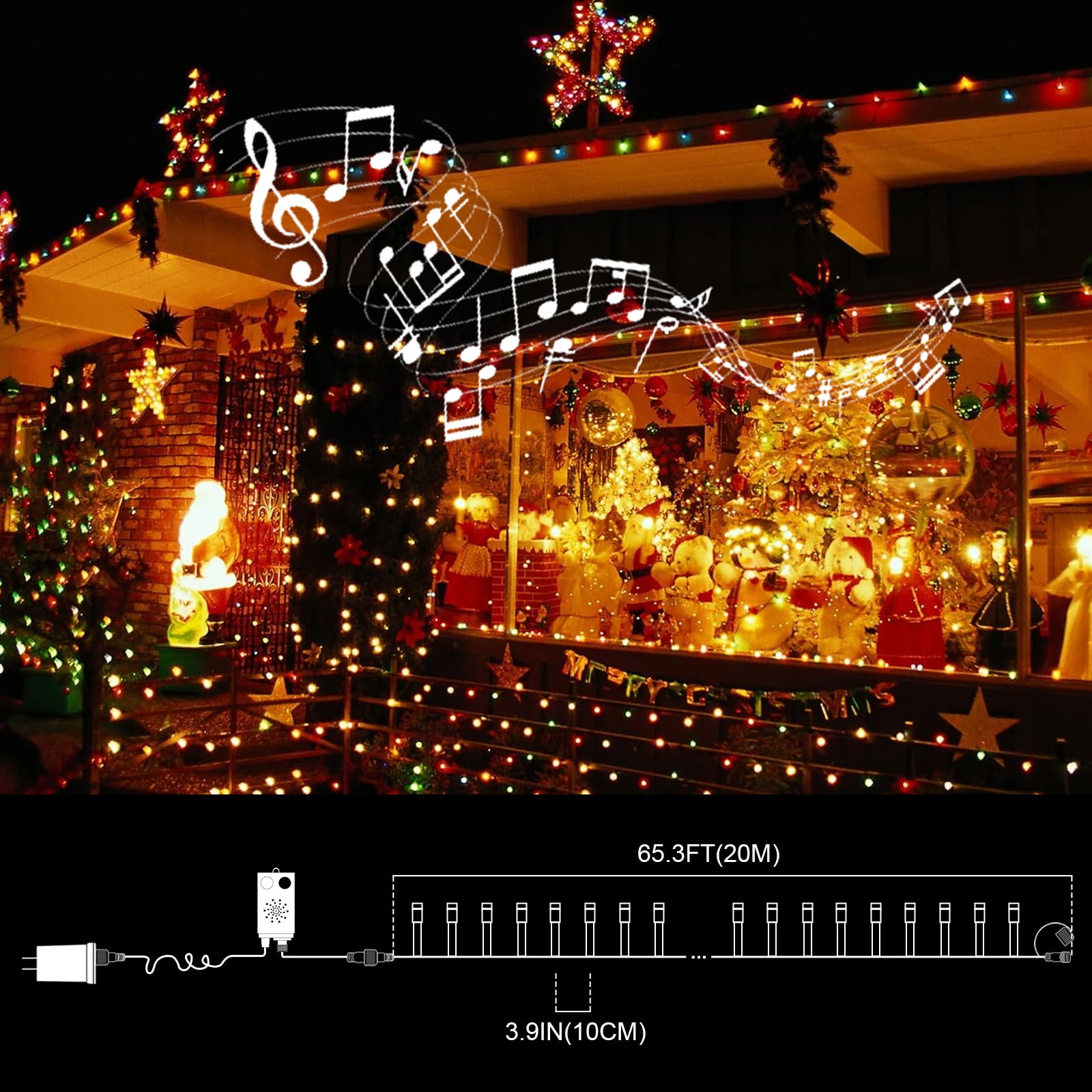 66ft Christmas Mini Lights with Music Motion Sensor Controller,200 LED Fairy Starry String Light Plug in for Indoor Outdoor Xmas Tree Wedding Party Decoration (Warm White and Multicolor)