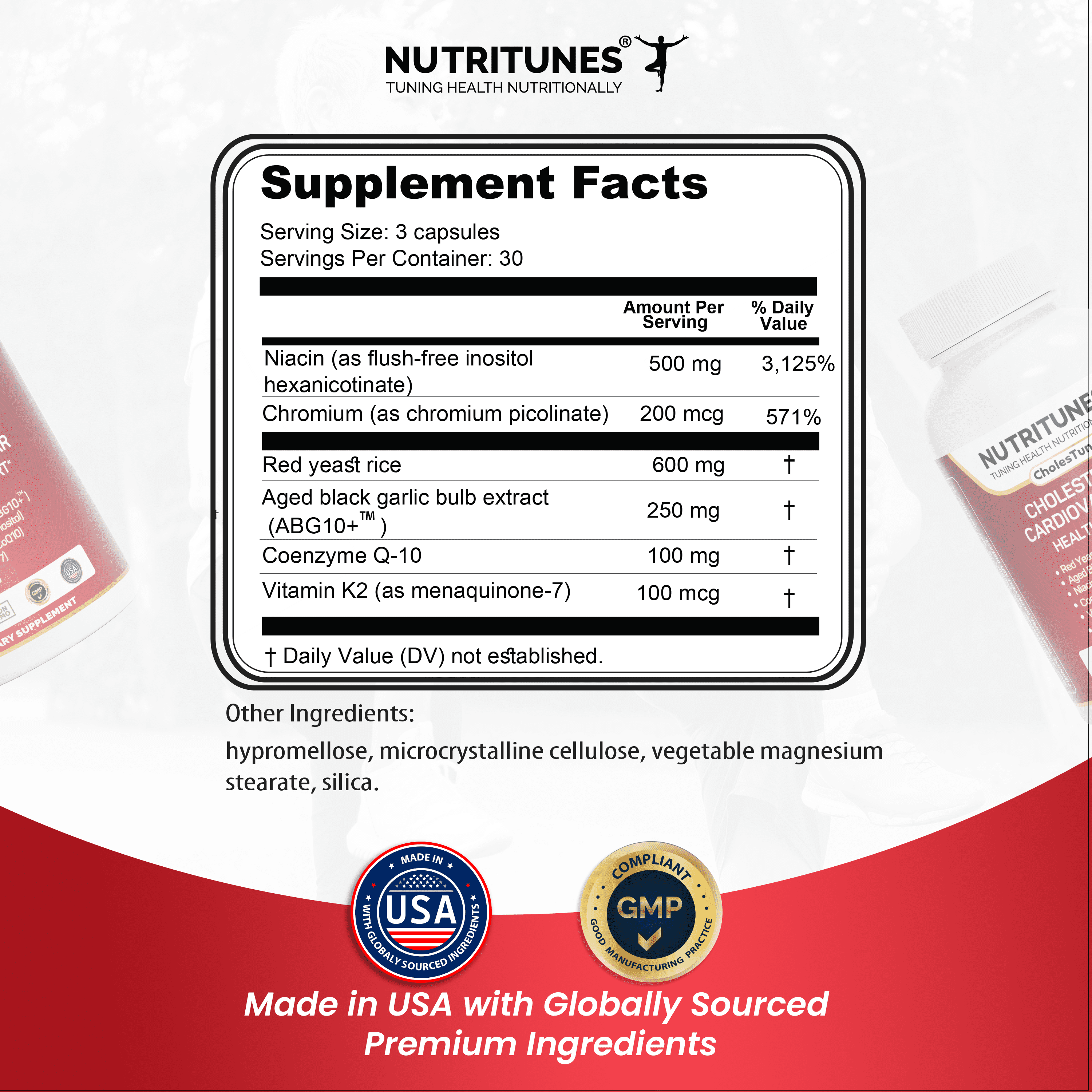 Cholestunes –Cholesterol & Heart Health Support Advanced Supplement  Red Yeast Rice (RYR), Aged Black Garlic CoQ10, Niacin (Flush-Free), Chromium & Vitamin K2– 90 Capsules