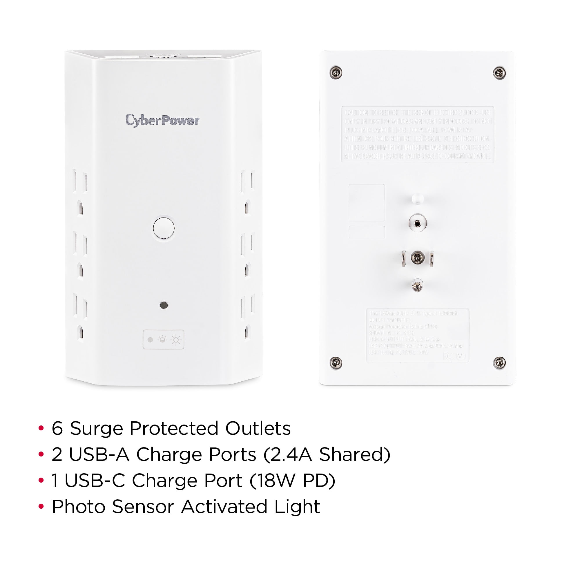 CyberPower P6WUCL - 900 J White Surge Protector with Night Light, 3 USB-A Ports, 6 Outlets