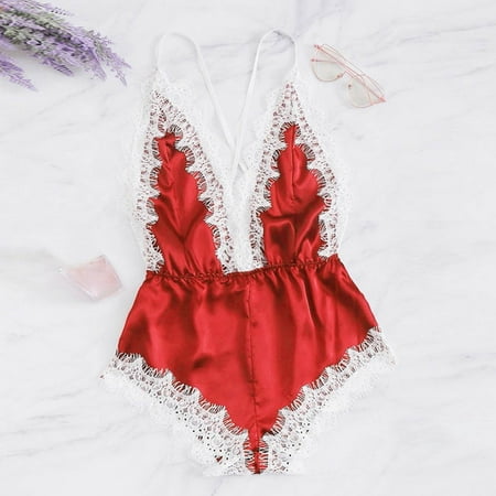 Xysaqa Women Lingerie Lace Satin Bodysuit Deep V Neck Teddy One-Piece Babydolls Nightwear Slim-Fit S-3XL
