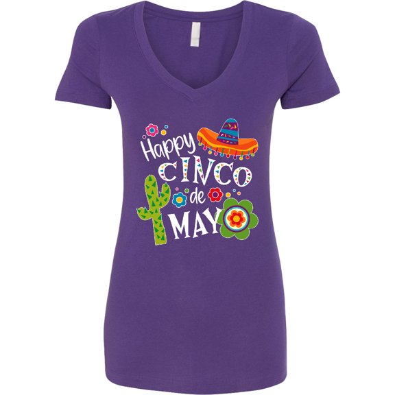 Inktastic Happy Cinco De Mayo Sombrero, Cactus, Flowers Women's V-Neck T-Shirt