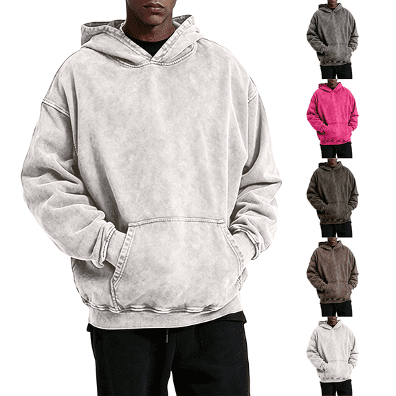 Havenx Mens Distressed Washed Hoodies Pullover Long Sleeve Hoodie with Pockets Hooded Sweatshirt Comfy Casual Retro Relaxed Fit Fall Winter Clothes,Beige S