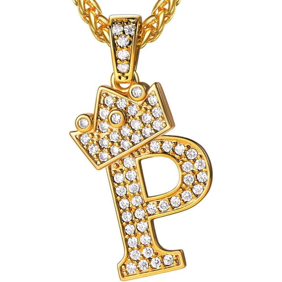 Crown Initial A-Z Necklace, Iced Out Letter Pendant With 22-24 Inch Chain, Men Women Bling Hip Hop Alphabet Name Jewelry Big Initials Necklaces Color Steel,Black,Gold[o781]