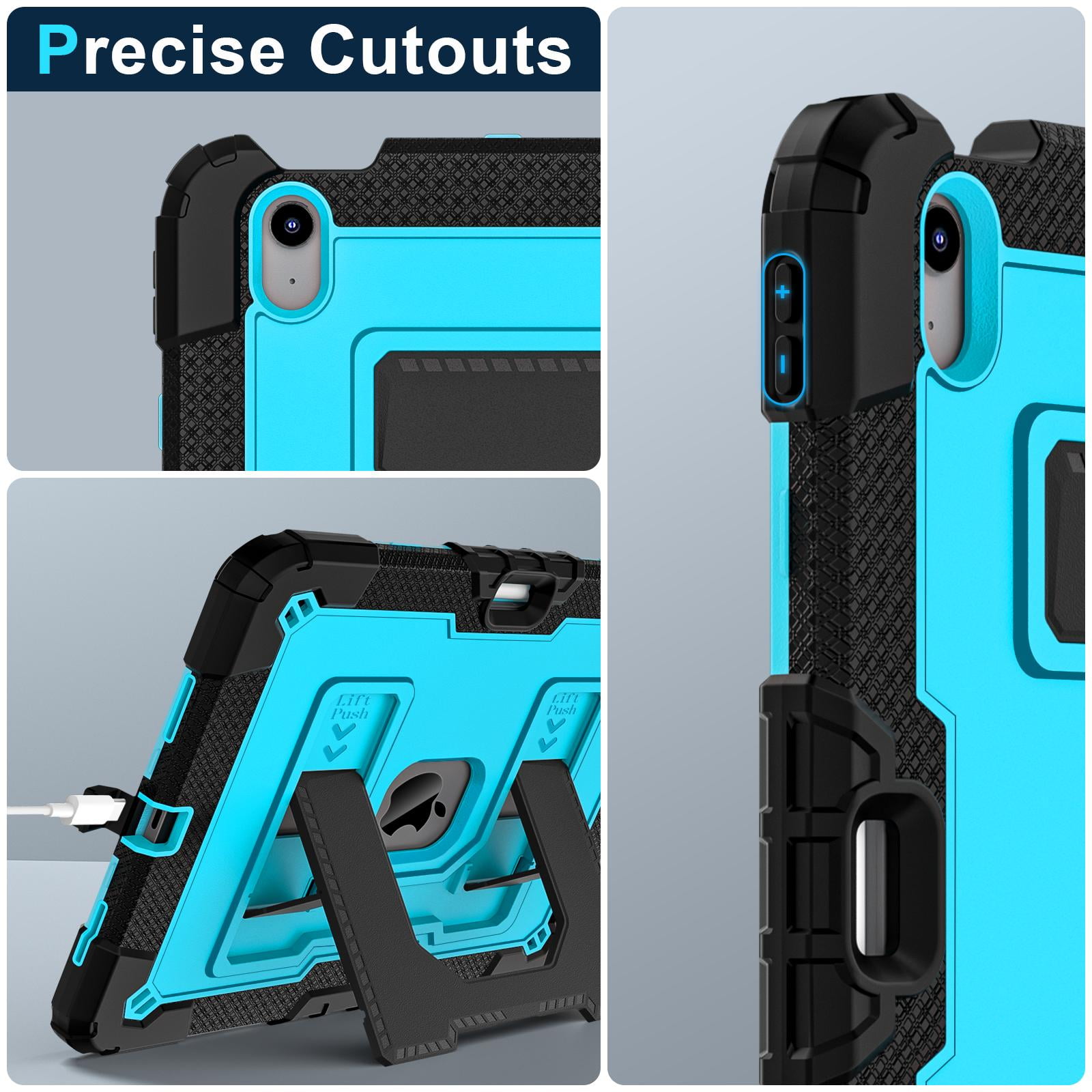 ELEHOLD 3-Layer Rugged Case For Apple iPad Air 11‑inch (M4) 2026, Heavy Duty Shockproof Logo Visible Foldable Kickstand Drop Protection Cover with Pencil Holder + Shoulder Strap, Black+Blue