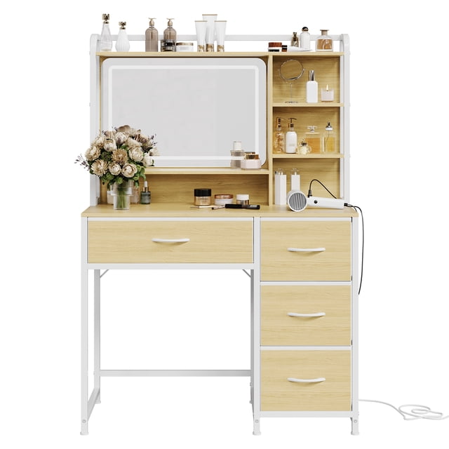 GloryStar Lighted Vanity Desk, 35.4" Makeup Table with Mirror, Adjustable LED, 4 Fabric Drawers and Open Storage Shelves