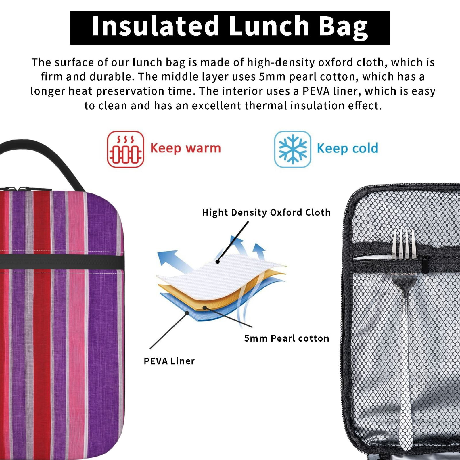 Lunch Bag For Women Men Insulated Portable Lunch Box Bento Box Office Picnic Travel Cooler Bag Mediumvioletred Stripe_1