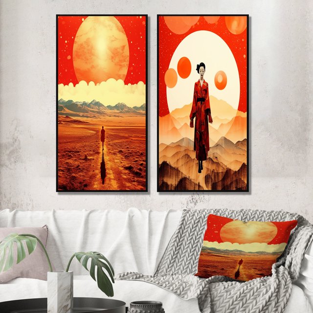 Designart "Japanese Geisha under the Full Moon II" Asian Woman Framed Wall Art Set Of 2 - Glam Red Frame Gallery Set For Office Decor
