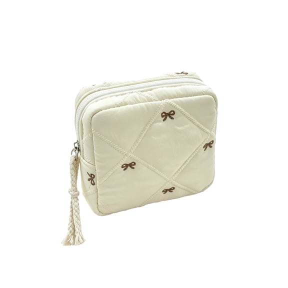 Holloyiver Quilted Bow Makeup Bag, Coquette Cosmetic Bag Makeup Pouch for Women Girls, Aesthetic Organizer Bags Travel Toiletry Bags For Sanitary Napkins And Daily Essentialss
