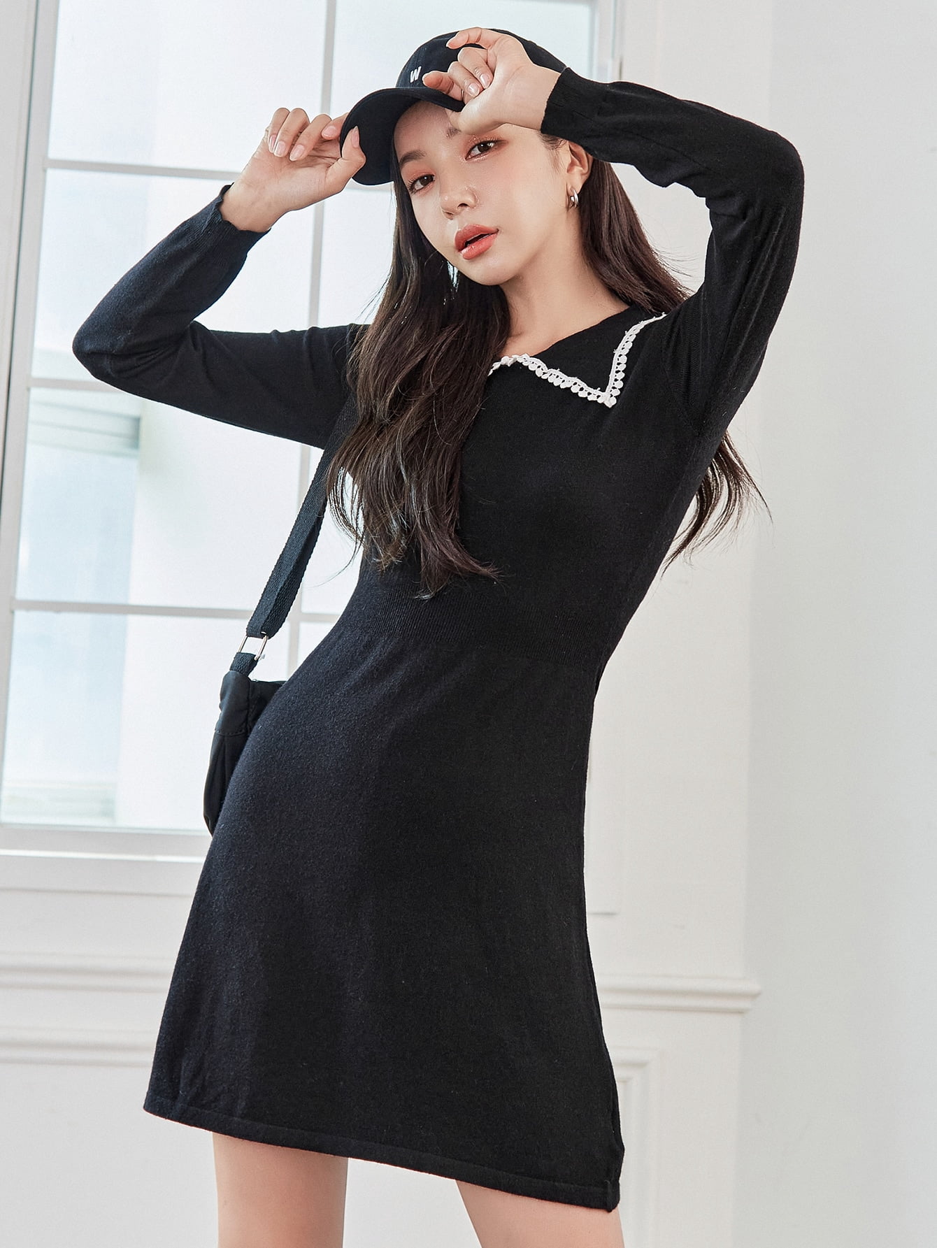 Black Guipure Lace Trim Sweater Dress 