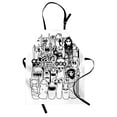 thumbnail image 1 of Indie Apron Hand Drawn Doodle Style Cartoon Figures Monsters Welcoming Community Funny Crazy, Unisex Kitchen Bib Apron with Adjustable Neck for Cooking Baking Gardening, Black and White, by Ambesonne, 1 of 3