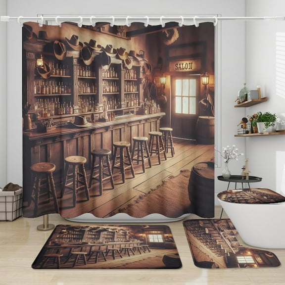 Vintage Wild West Beer Bar 4Pcs Shower Curtain Sets,Rustic Old Western Cowboy Hats Saloon Doors Bathroom Shower Curtain,Toilet Lid Rug,Bath Mat and Contour Mat,Bathroom Decor
