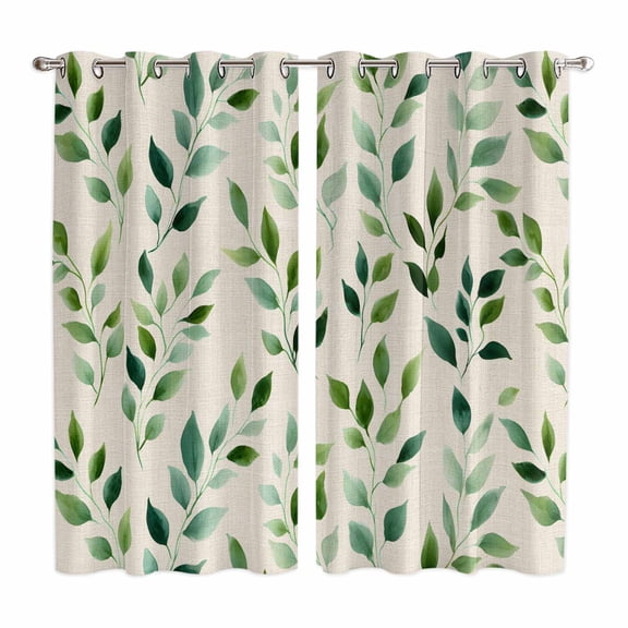 Curtains 63 Inch Length 2 Panels, Green Leaves Grommets Window Treatment Curtain, Watercolor Spring Botanical Country Beige Thermal Curtains Drapes for Living Room/Bathroom