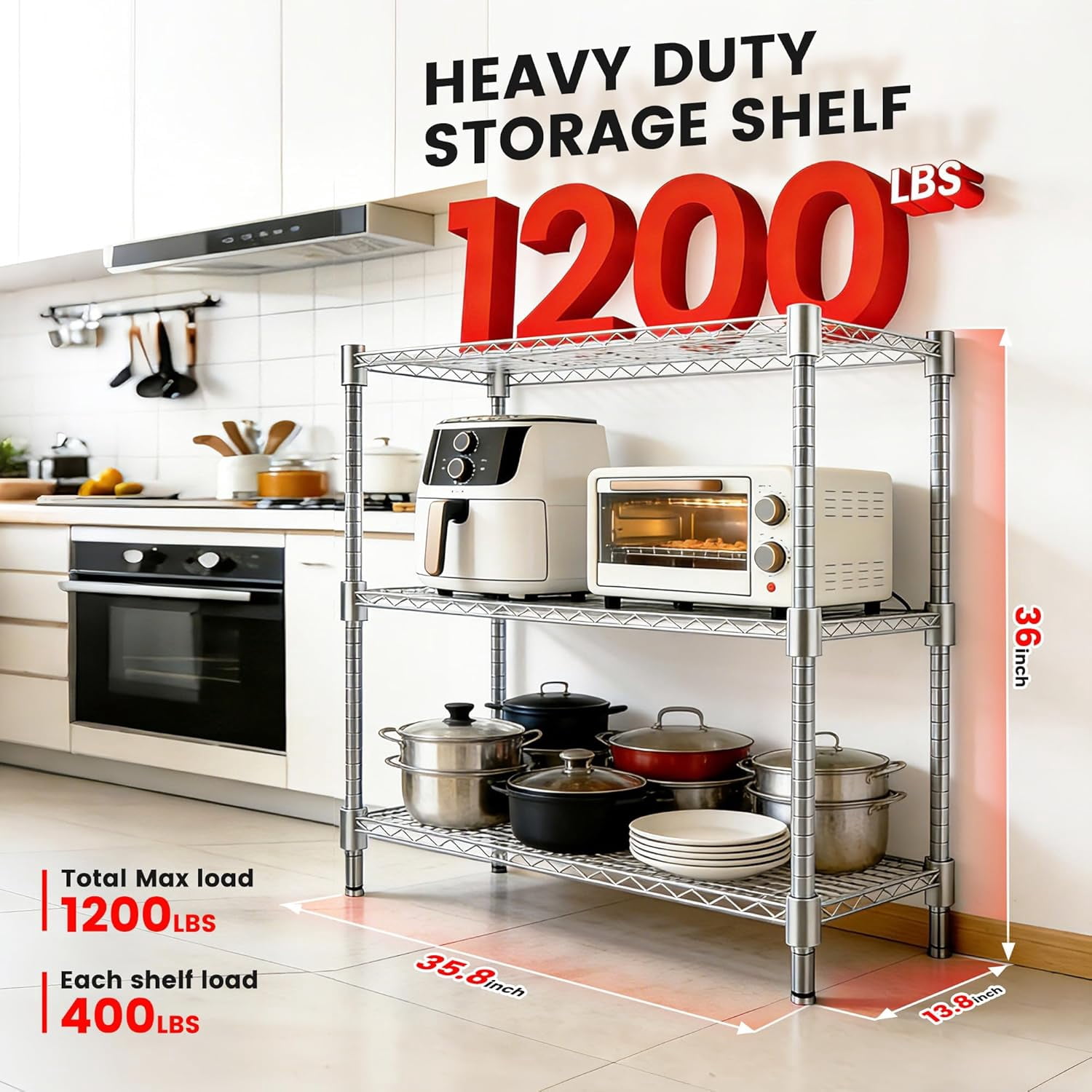 Xcity Storage Shelves, 3 Tier Heavy Duty Metal Shelving Unit, 1200 LBS Capacity Adjustable Steel Wire Shelf Organizer for Pantry, Kitchen, Garage, 14" D x 36" W x 36" H, Chrome
