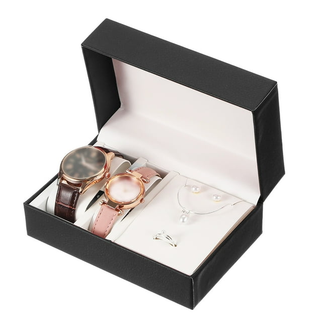 Estuche de viaje para relojes con organizador de joyas para hombres y mujeres, caja organizadora de joyas portátil de cuero PU de 2 compartimentos para 2 relojes, 1 collar, 1 anillo y 2 aretes, negro