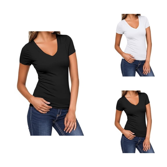 T Shirts for Women Summer Casual Short Sleeve V Neck Fitted Plain Basic Tshirt Womens Tees
