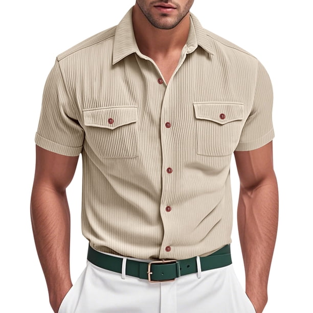 pstuiky camiseta de hombre, Camisa informal de verano para hombre, de color liso, con botones, bolsillo y manga corta con solapa ropa de hombre xl